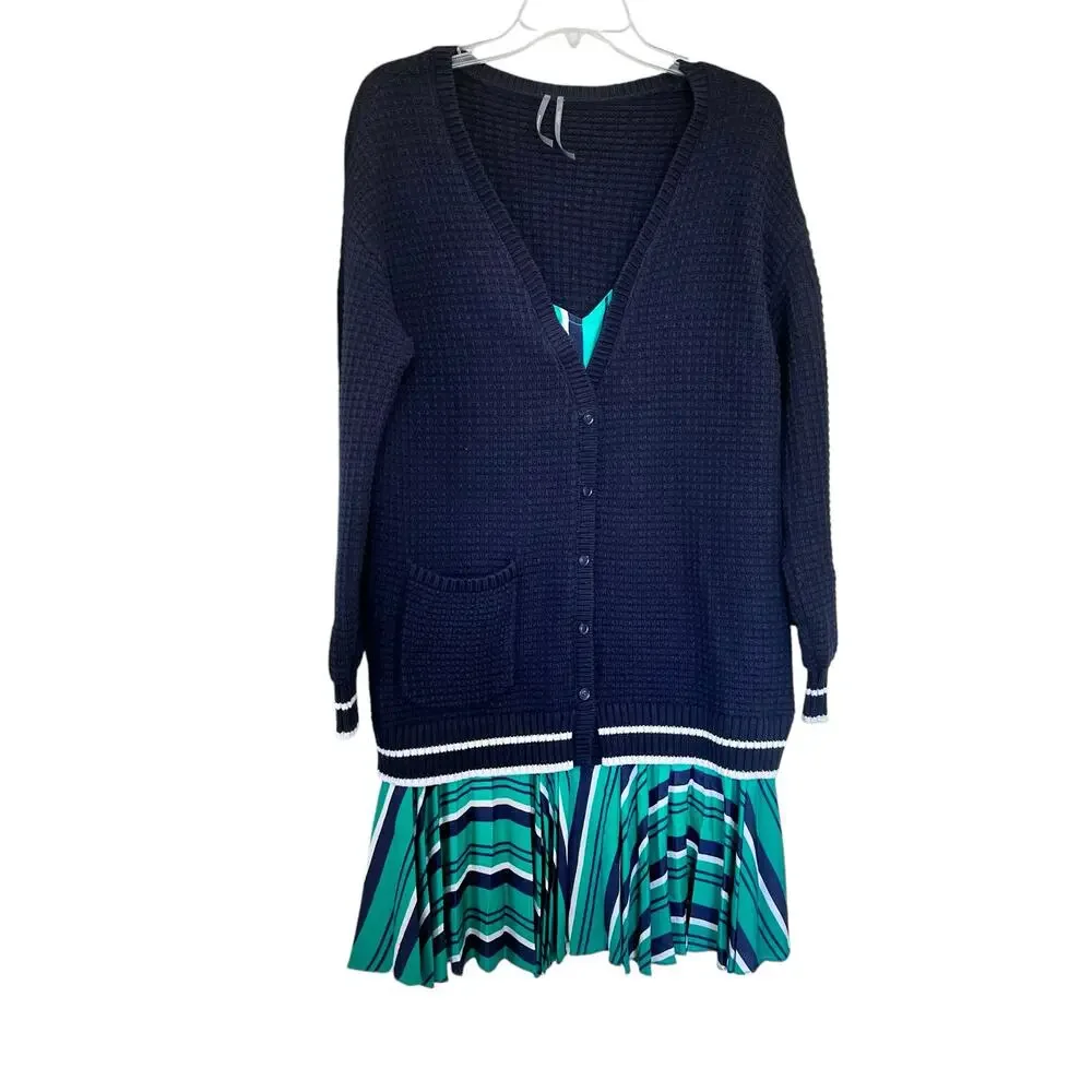 Anthropologie Navy Varsity Cardigan Sweater Twofer Layered Mixed Media Dress